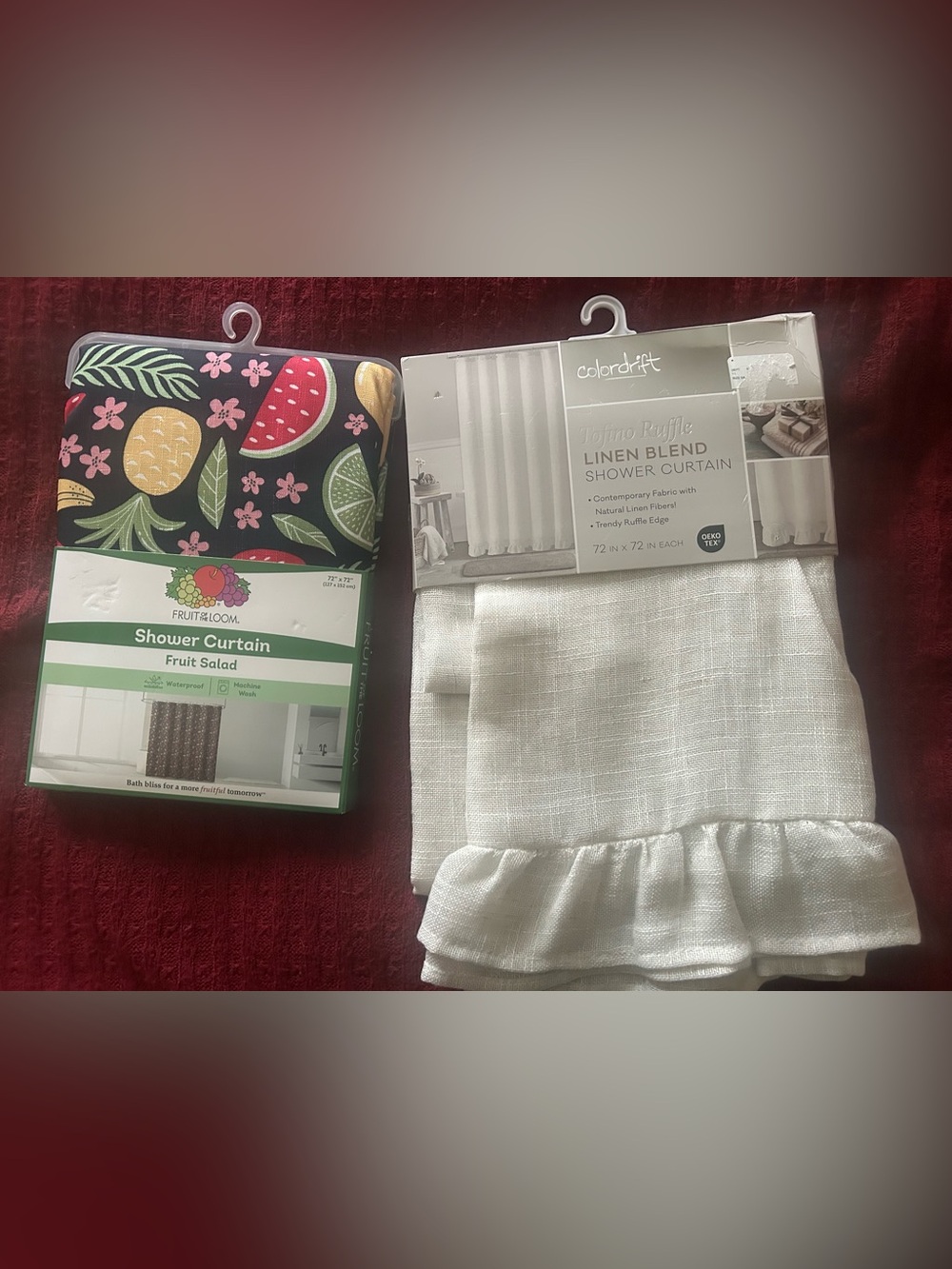 Set of Shower Curtains Fruit of Loom “Fruit Salad” & Colordrift “Tofino Ruffle”
